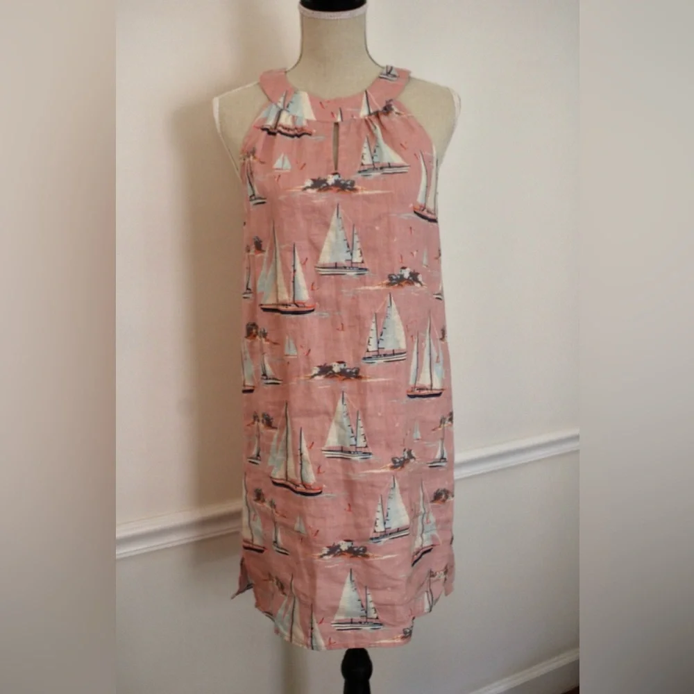 St. Tropez 100% Linen Pink White Sailboat Print Sleeveless Dress XS - Picture 2 of 14